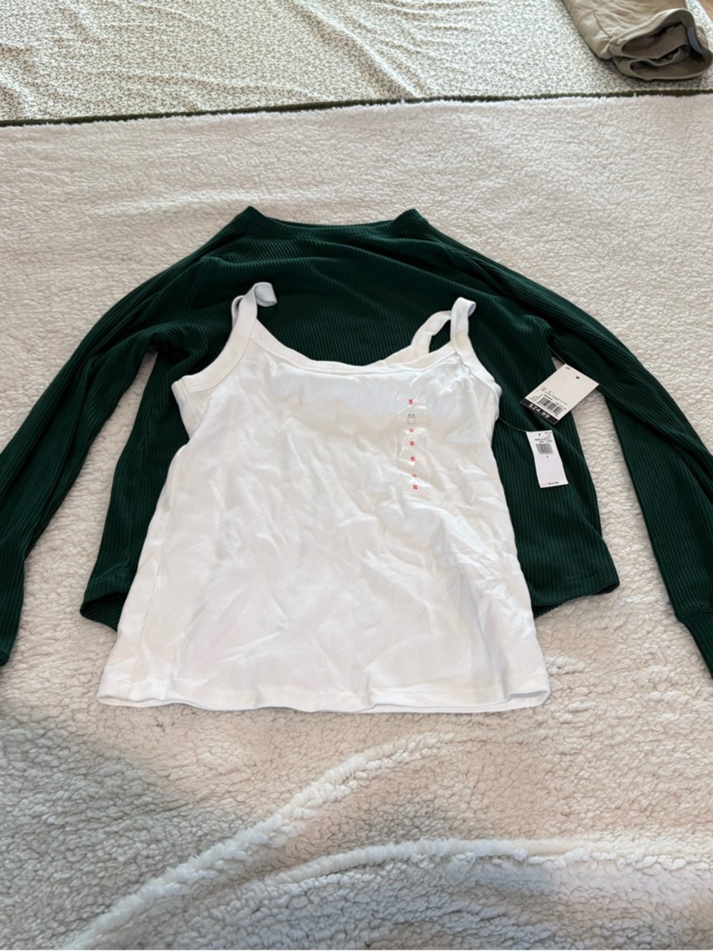 Old Navy White Ribbed Cami Over Dark Green Ribbed Top